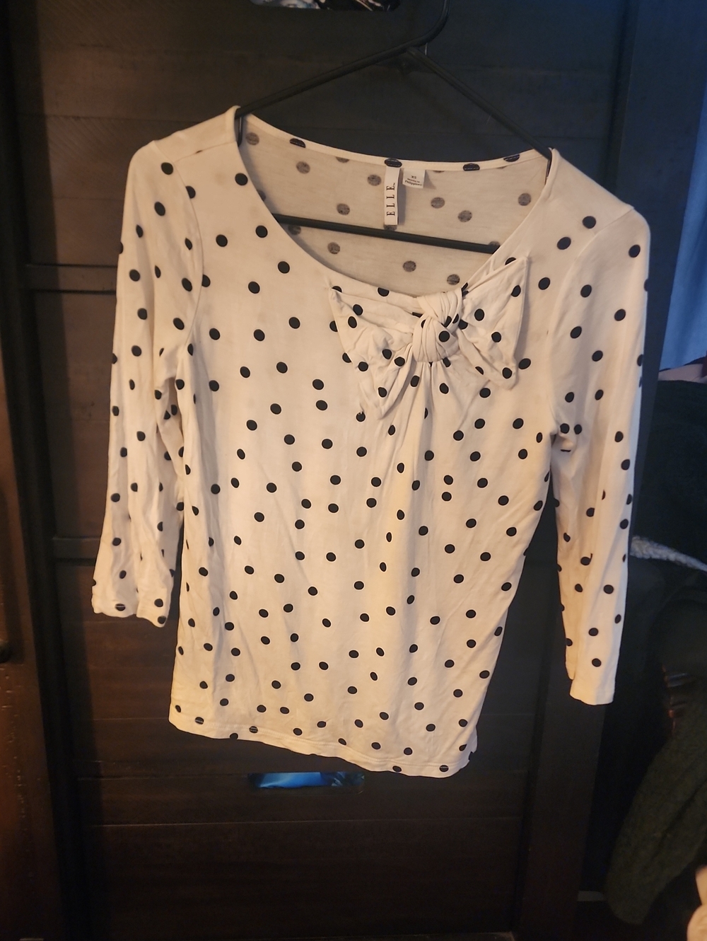 Elle Long-Sleeve Scoop Top with Black Polka Dots and Front Bow